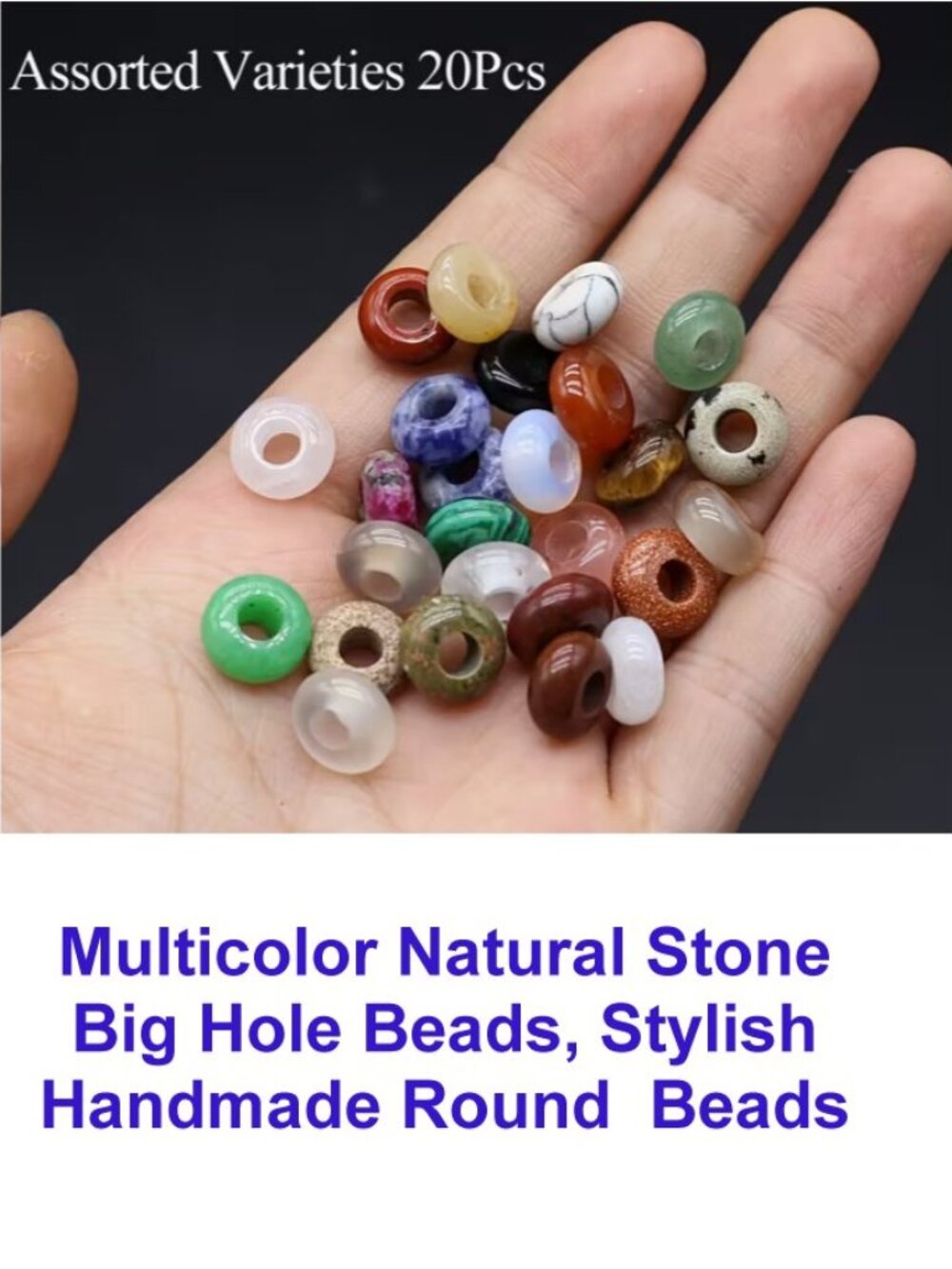 Multicolor Natural Stone Big Hole Beads, Stylish  Handmade Round  Beads 20 Beads